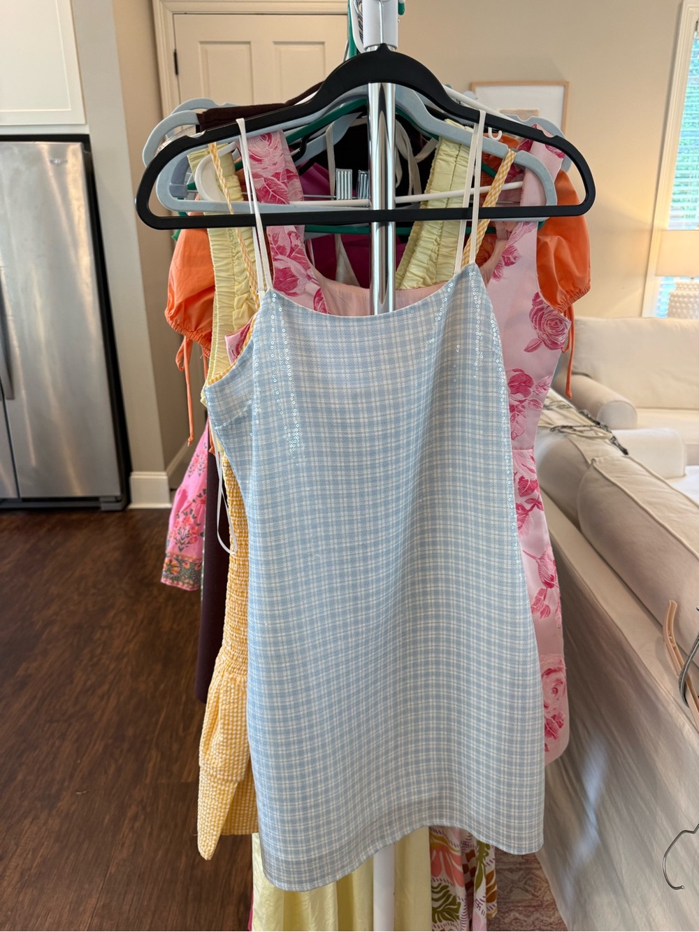 Light Blue Gingham sparkles mini Dress- English Factory